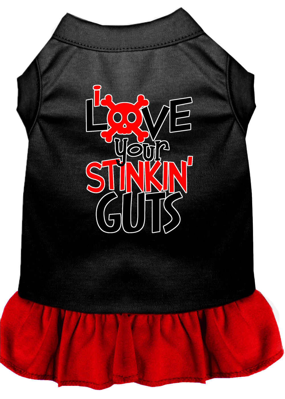 Love your Stinkin Guts Screen Print Dog Dress Black with Red XS